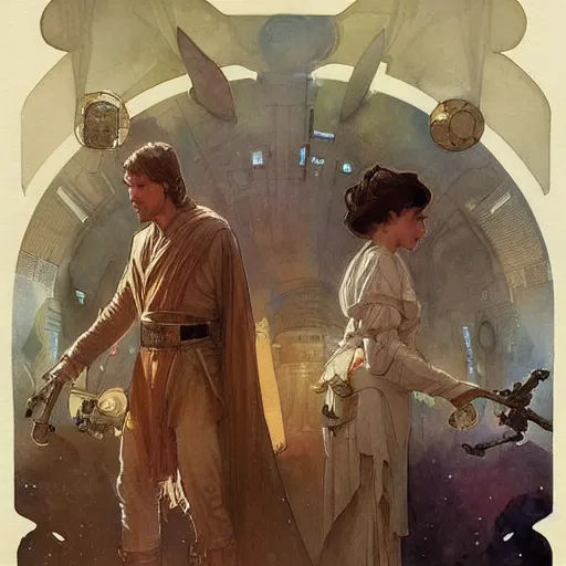 Image similar to a beautifull intricate watercolour painting of star wars scene, reflexions, verry high details by william turner art, greg rutkowski and alphonse mucha, trending on artstation, very very detailed, masterpiece, muted colors