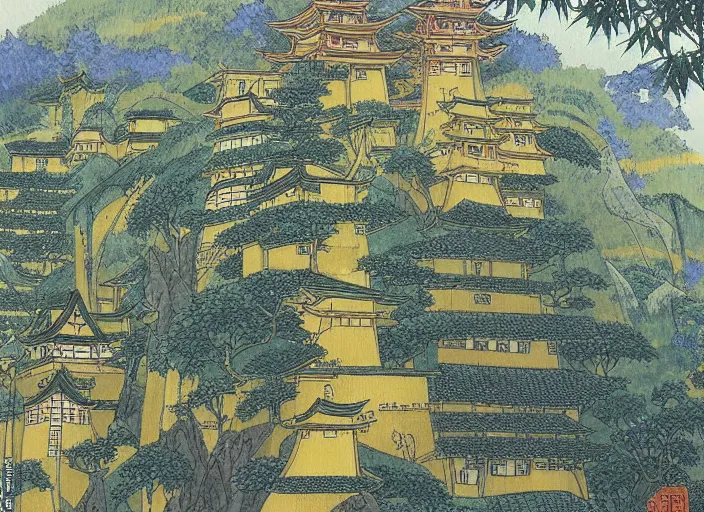 Image similar to japanese yellow fortress in a city inside the bamboo forest by studio ghibli painting