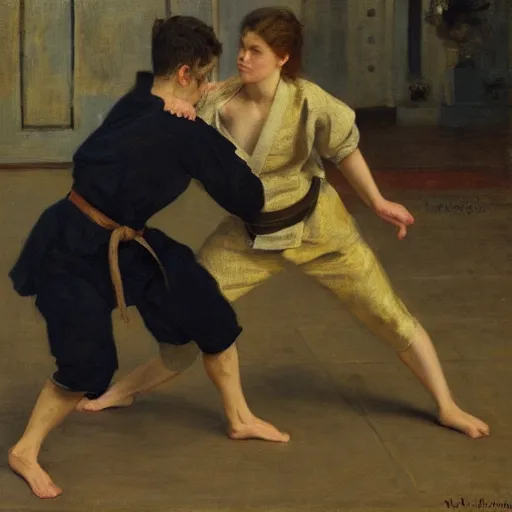 Image similar to actress training judo by alfred stevens