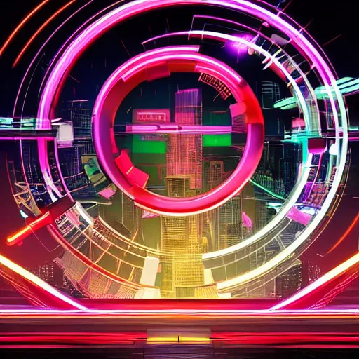 Image similar to futuristic city with dao yin - yang symbols floating around many neon lights, digital art