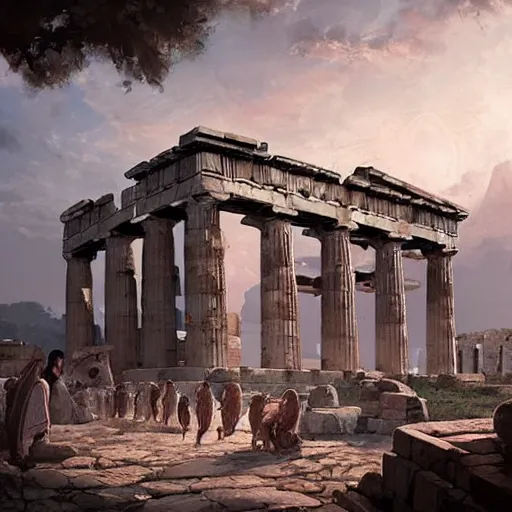 Prompt: Ancient Greek Polis in ancient times by Greg Rutkowski