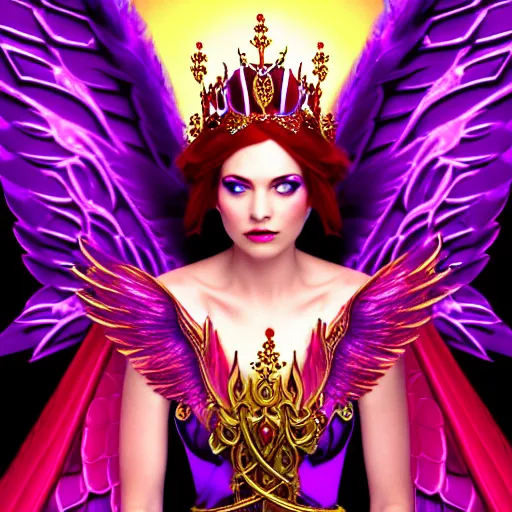 Image similar to Princess sorceress with red flaming bird wings on her back and sitting on an ornate throne dressed in a fancy purple dress, beautiful face, Fantasy, Full Portrait, High detail, realistic, planeswalker