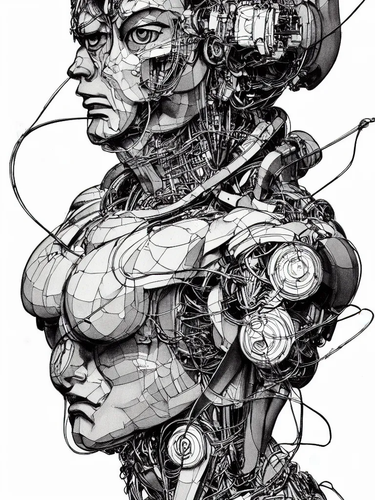 Image similar to prompt: Fragile looking figure, portrait face drawn by Katsuhiro Otomo, full body character drawing, inspired by Evangeleon and Akira 1988, cyborg and wire details parts, clean ink detailed line drawing, intricate detail, manga 1990, portrait centric composition