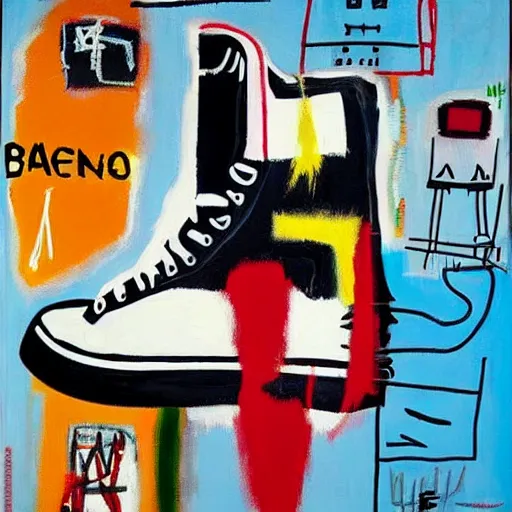 Image similar to basquiat oil painting of cyber balenciaga sneakers,