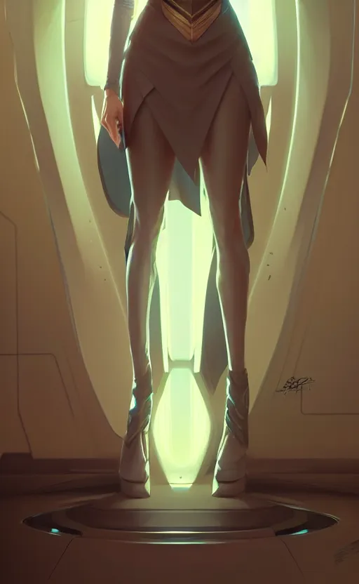 Image similar to Female in office dress, sci-fi, highly detailed, digital painting, artstation, concept art, smooth, sharp focus, illustration, art by artgerm and greg rutkowski and alphonse mucha