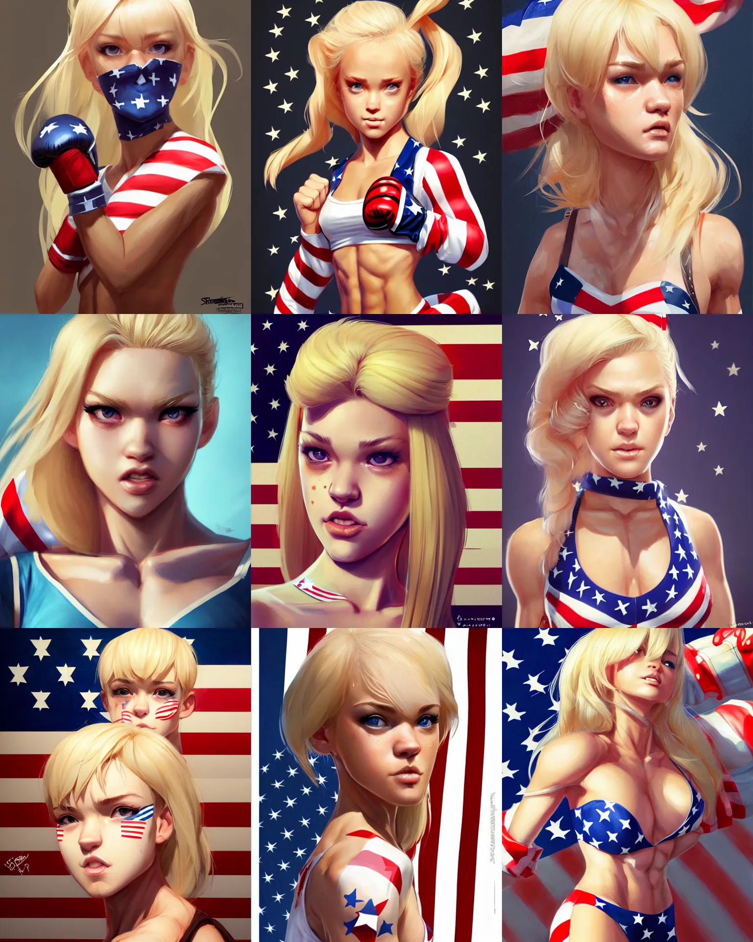 Prompt: character concept art of a blonde female boxer wearing stars and stripes | cute - fine - face, pretty face, realistic shaded perfect face, key visual, fine details by stanley artgerm lau, wlop, rossdraws, james jean, andrei riabovitchev, marc simonetti, and sakimichan, tranding on artstation