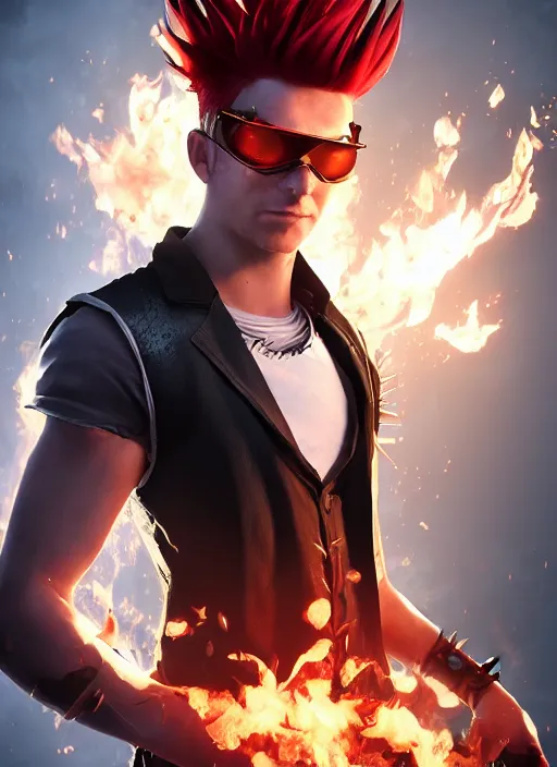 Image similar to An epic fantasy comic book style portrait painting of young man with long red spiked hair. Wearing a black waistcoat, white shirt, using googles. Blasting fire on his hands. Unreal 5, DAZ, hyperrealistic, octane render, cosplay, RPG portrait, dynamic lighting