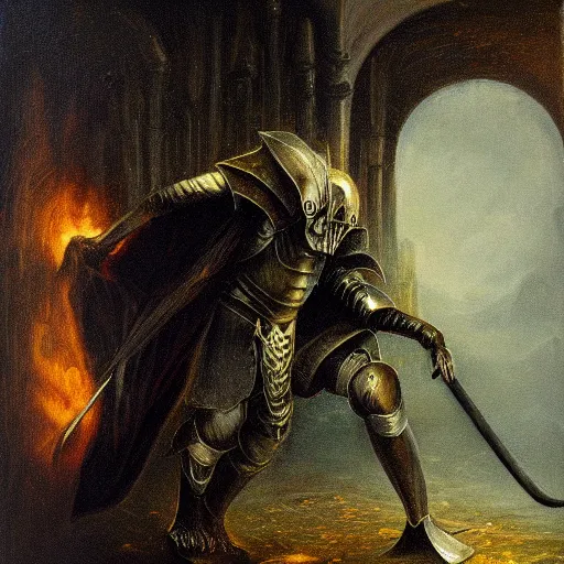 Image similar to arrogant knight reaches casually into the abyss, only to be met with unimaginable horrors from beyond, dark fantasy, oil painting, high detail