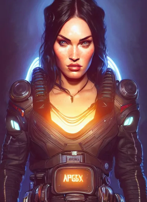 Image similar to portrait of apex legends megan fox, intricate, elegant, glowing lights, highly detailed, digital painting, artstation, glamor pose, concept art, smooth, sharp focus, illustration, art by artgerm and greg rutkowski, artey freytag