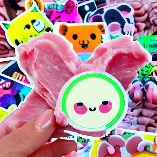 Prompt: a cute animal made of raw meat that says Kawaii, colorful, pastel, sticker, clean