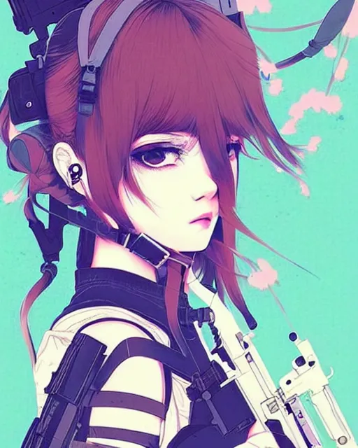 Image similar to girl with tactical gear, very anime!!! anime!! intricate details, aesthetically pleasing pastel colors, poster background, aesthetic details, art by conrad roset and ilya kuvshinov