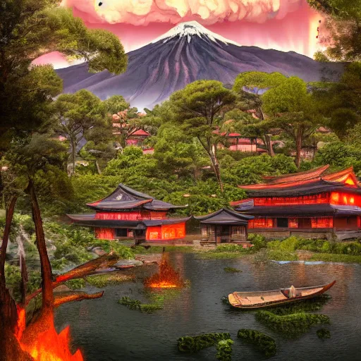 Prompt: Japanese village in the hills with a big volcano eruption in the background, lava river, ultra realistic, cinematic, Trending on Artstation, cgsociety, matte painting, ultra sharp