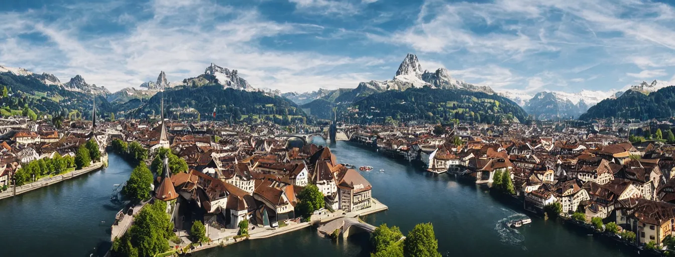 Image similar to Photo of Zurich, looking down the Limmat at the lake and the alps, Hardturm, Grossmünster, wide angle, volumetric light, hyperdetailed, light water, artstation, cgsociety, 8k