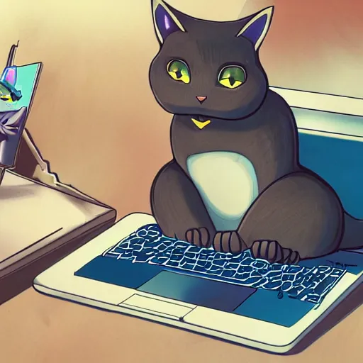 Prompt: a cat using a laptop, looking at memes, high quality anime concept art, digital art, 4k