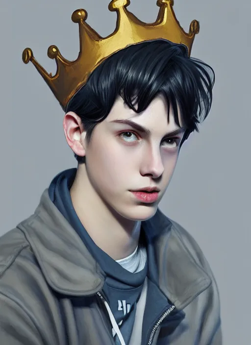 Image similar to portrait of teenage jughead jones wearing a light grey crown, photorealistic, crown, eyes closed, crown, black hair, intricate, elegant, glowing lights, highly detailed, digital painting, artstation, concept art, smooth, sharp focus, illustration, art by wlop, mars ravelo and greg rutkowski