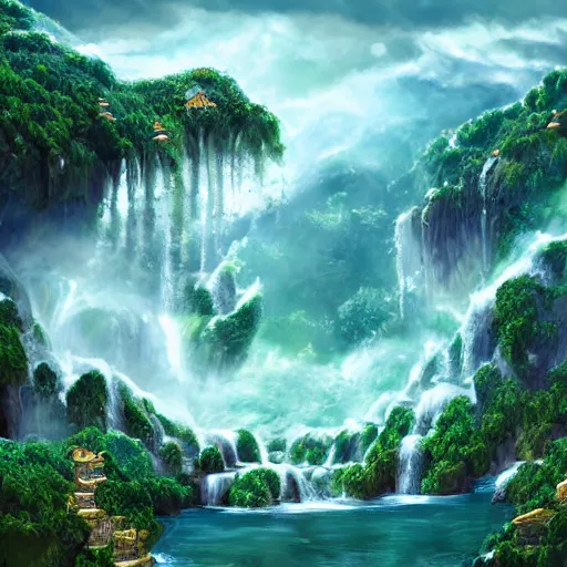 Image similar to islands floating in the sky with waterfalls and dragons, digital art, aesthetic, astonishing detail