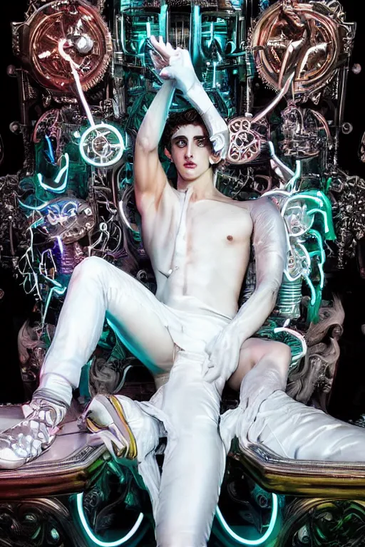 Image similar to full-body rococo and cyberpunk style neon statue of a muscular attractive Timothée Chalamet macho dotado e rico android sim roupa reclining con las piernas abertas e la piroca dura, glowing white lasers, glowing eyes, silver prince crown, silver steampunk gears, white diamonds, swirling mint-colored silk fabric. futuristic elements. ethereal white dripping tar. full-length view. space robots. human skulls. large white balloon animals. intricate artwork by caravaggio. Trending on artstation, octane render, cinematic lighting from the right, hyper realism, octane render, 8k, depth of field, 3D