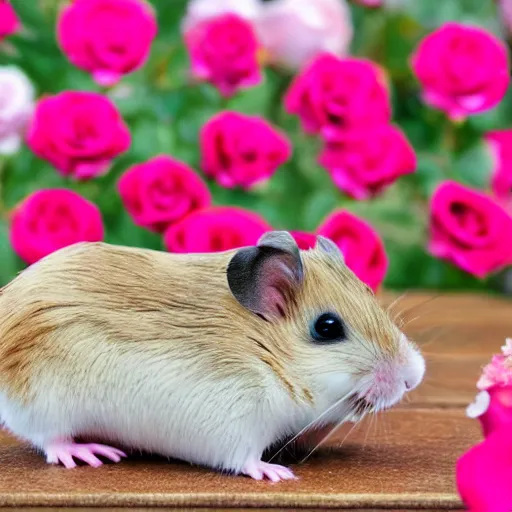 Prompt: detailed photo of a hamster holding roses, various poses, full body, unedited, daylight, dof 8 k