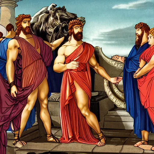 Image similar to hercules gives achilles the side - eye while they wait in line to worship at zeus's feet, throne of olympus, heavenly marble, gods and goddesses in elegant clothes