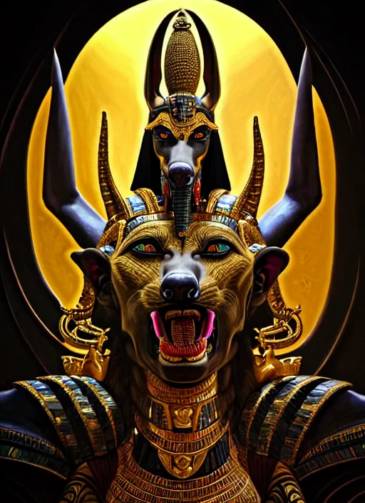 Image similar to angry god anubis, growling jackal with egyptian headdress and nemes, ornate art nouveau scarabs, black and gold palette, symmetry, fantasy, intricate, elegant, highly detailed, colorful, dark colors, dramatic shadow, digital painting, artstation, concept art, art by artgerm and greg rutkowski and ruan jia,