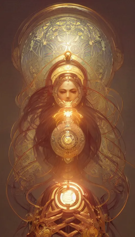 Image similar to a mechanical orb, religious, elegant, intricate, digital painting, artstation, concept art, smooth, sharp focus, illustration, art by artgerm and greg rutkowski and alphonse mucha, no people