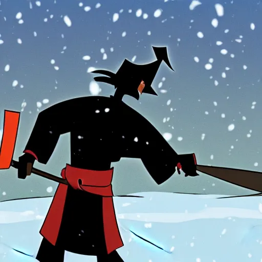 Prompt: a man facing away holding a snow shovel like a sword preparing to raid a fast food restaurant in the background, in the style of Samurai Jack,