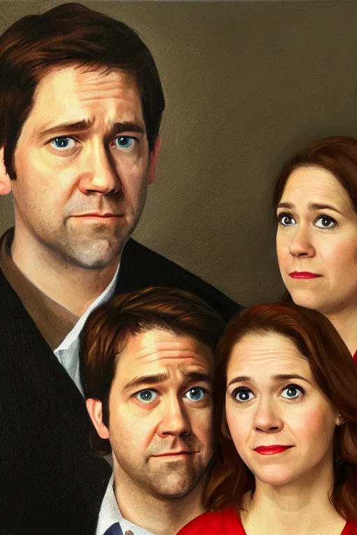 Image similar to portrait painting of jim halpert and pam beesly, in the style of caravaggio