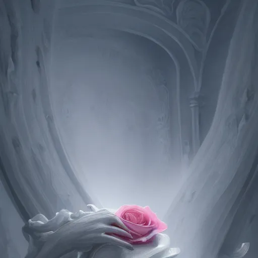 Image similar to a Rose lying on white marble, fog, volumetric lighting, intricate, elegant, highly detailed, digital painting, concept art, smooth, sharp focus, illustration, trending on artstation