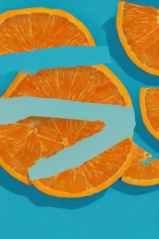 Prompt: a graphic design work of summer ,water,wave , orange and orange slices,blue theme and Yellow accents by Kenya Hara