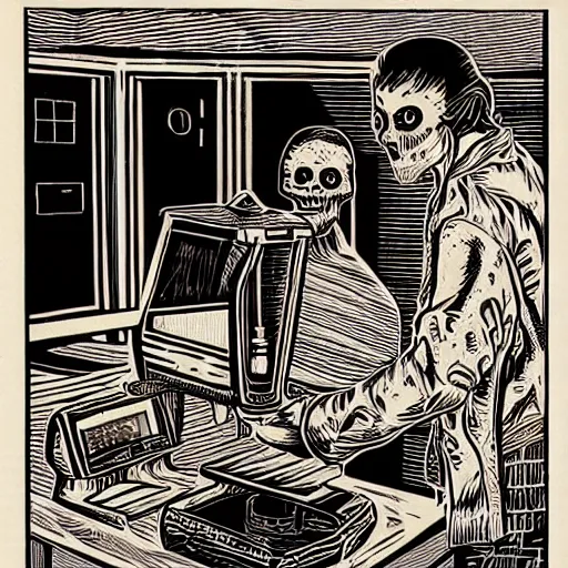 Prompt: woodcut, vhs cover, 1 9 8 3, horror, coffee shop, espresso machine, barista zombie, los angeles, designed by charles burns