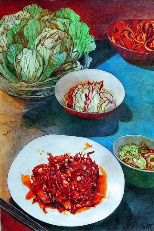 Image similar to kimchi, korean spicy fermented cabbage, by jerry pinkney