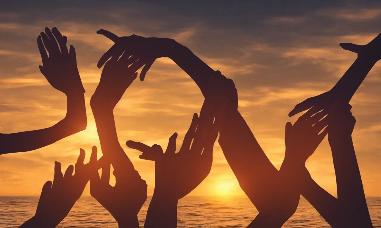 Prompt: digital illustration of many highly hands arms gripping each other by the forearms, at sunset, in the style trending on artstation, cinematic, expressing the idea of teamwork, ocean spray, dramatic lighting