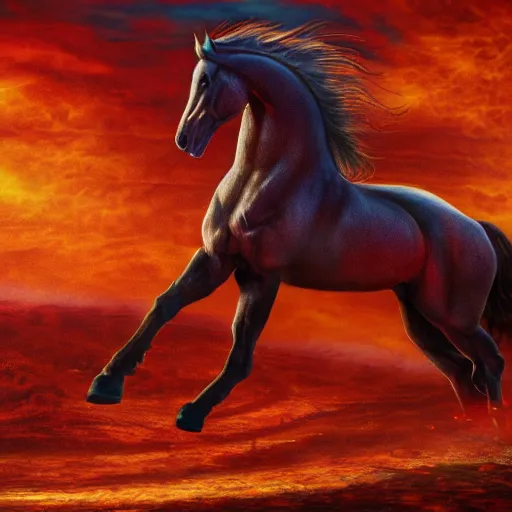 Prompt: fiery warhorse, !dream fiery war horse, artstation hall of fame gallery, editors choice, #1 digital painting of all time, most beautiful image ever created, emotionally evocative, greatest art ever made, lifetime achievement magnum opus masterpiece, the most amazing breathtaking image with the deepest message ever painted, a thing of beauty beyond imagination or words, 4k, highly detailed, cinematic lighting
