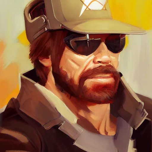 Prompt: greg manchess portrait painting of chuck norris as overwatch character, medium shot, asymmetrical, profile picture, organic painting, sunny day, matte painting, bold shapes, hard edges, street art, trending on artstation, by huang guangjian and gil elvgren and sachin teng