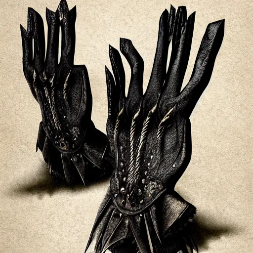 Image similar to metal claws on gloves, old leather gloves with attached talons, pointy fingertips, dark background, highly detailed, 8 k, trending on artstation, mystic, rpg artwork, by peter jackson, by sauron