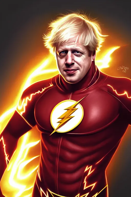 Image similar to Boris Johnson as Flash by Zack Snyder, realistic portrait, symmetrical, highly detailed, digital painting, artstation, concept art, smooth, sharp focus, illustration, cinematic lighting, art by artgerm and greg rutkowski and alphonse mucha