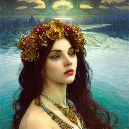 Image similar to portrait of a beautiful alluring female goddess wraith in a glowing lake, detailed, centered, digital painting, artstation, concept art, donato giancola, Dante Gabriel Rossetti, alphonse mucha, Joseph Christian Leyendecker, WLOP, Boris Vallejo, Breathtaking, 8k resolution, extremely detailed, beautiful, establishing shot, artistic, hyperrealistic, beautiful face, octane render