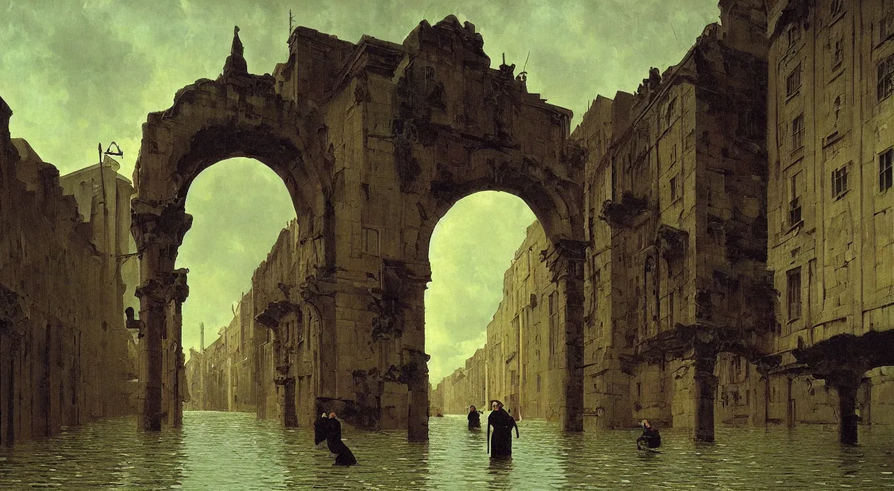 Prompt: a high contrast! painting of a flooded ancient street empty arch by carl spitzweg rene magritte, full - length view, psychedelic, surreal, vibrant, symmetry, great composition, high detail, cinematic lighting, masterpiece