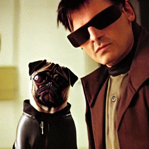 Prompt: portrait of a pug as neo from the matrix ( 2 0 0 3 ), the matrix, neo, pug wearing sunglasses and leather trenchcoat, photo