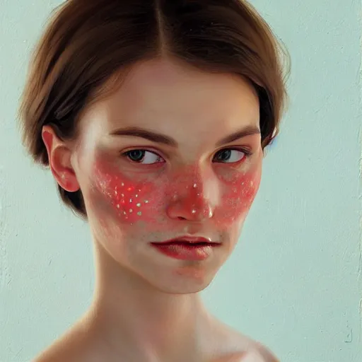 Image similar to Facial portrait of a pretty cottagecore girl, looking at the camera, slight awkward smile, lips slightly parted, some light freckles, no hands visible, extremely detailed painting by Greg Rutkowski and by Steve Henderson and by Harumi Hironaka