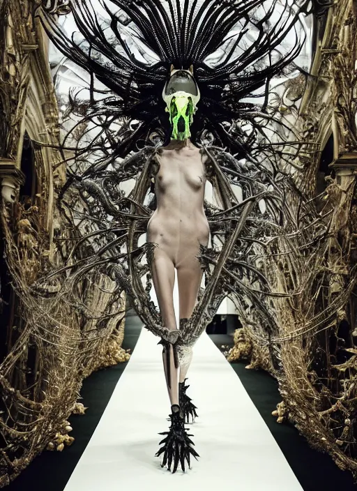 Image similar to walking down the catwalk, tim walker, show, stage, vogue photo, podium, fashion show photo, historical baroque dress dark, iris van herpen, beautiful woman, masterpiece, intricate, biopunk, vogue, full body shot, alien, plant predator, guyver, jellyfish, white biomechanical details, highly detailed