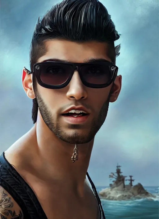 Prompt: Zayn Malik as a muscular pirate smirking and wearing retro sunglasses while running along the ocean, twilight, steelpunk, ghibli studio, nekro, Tom Bagshaw, Craig Mullins, octane 8k, by brian froud, Trending on ArtStation