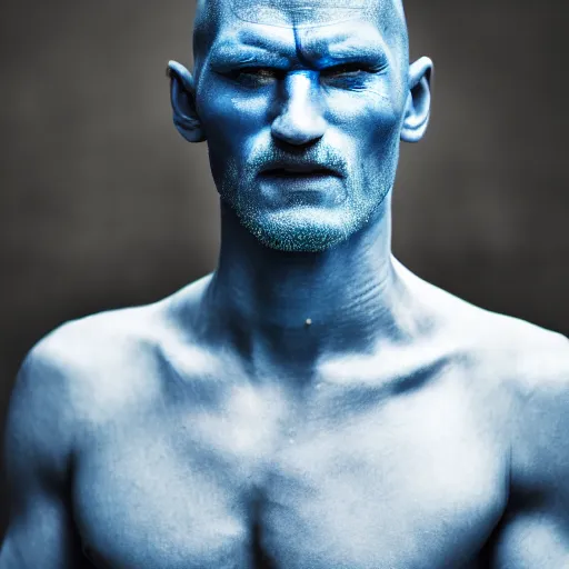 Prompt: award winning photography portrait, man with blue skin, mid thirties, warrior, leica 1 0 0 mm f 0. 8