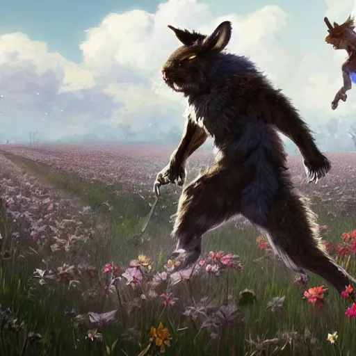 Prompt: A werewolf fighting a bunny barbarian in a field of flowers. WWII planes fly overhead, Academic painting by Greg Rutkowski, Mobile still frame. 4K UHD