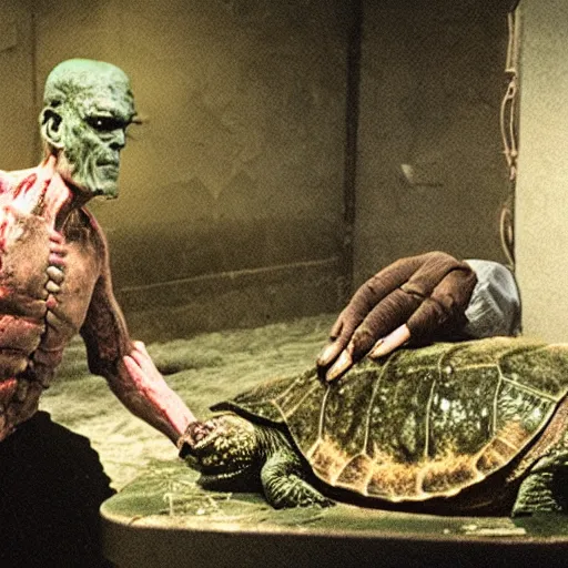 Image similar to foto of frankenstein reanimating turtle from the dead in a op room