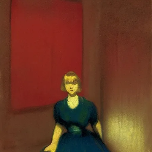 Image similar to an elegant girl in a liminal abandoned room, red and gold, old polaroid by goya, by hopper, digital painting, jugendstil, art noveau, strong lights, flat colors, pastel colors,