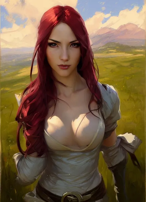 Image similar to portrait of Katarina from League of Legends after work, countryside, calm, fantasy character portrait, dynamic pose, above view, view from above, sunny day, thunder clouds in the sky, artwork by Jeremy Lipkin and Giuseppe Dangelico Pino and Michael Garmash and Rob Rey, very coherent symmetrical artwork, sharp edges, perfect face, simple form, 100mm