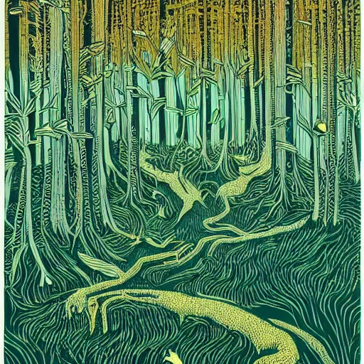 Image similar to linocut print of lush forest, amazing art, highly detailed, intricate, color, masterpiece, by victo ngai,