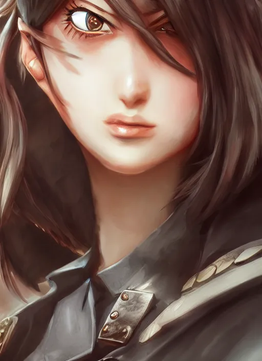 Image similar to full size persona, female sheriff, global lighting, detail, ultra sharpness, beautiful female, detailed face, art by huyy nguyen, by anime style