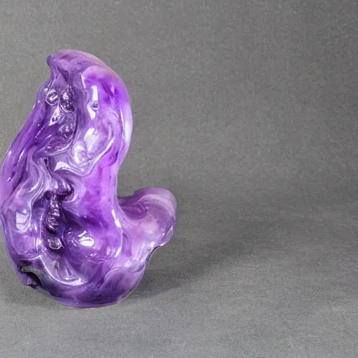 Prompt: abstract carved sculptural amethyst form, wiggly wild smooth bubbly dripping spiky imaginative irrational shape puddles, fluid and dynamic forms, detailed and complex, sharp and smooth, product photo